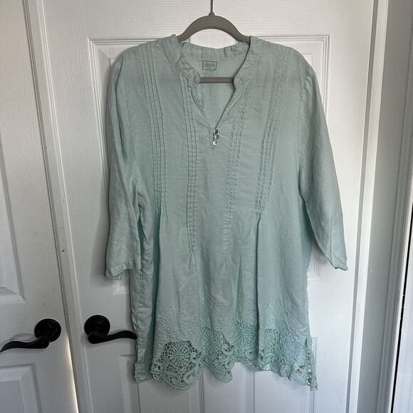Symple NYC Women's Linen Size XL Blouse Top Lace Hem Lagonlook Beach Flowy Boho - Picture 3 of 11